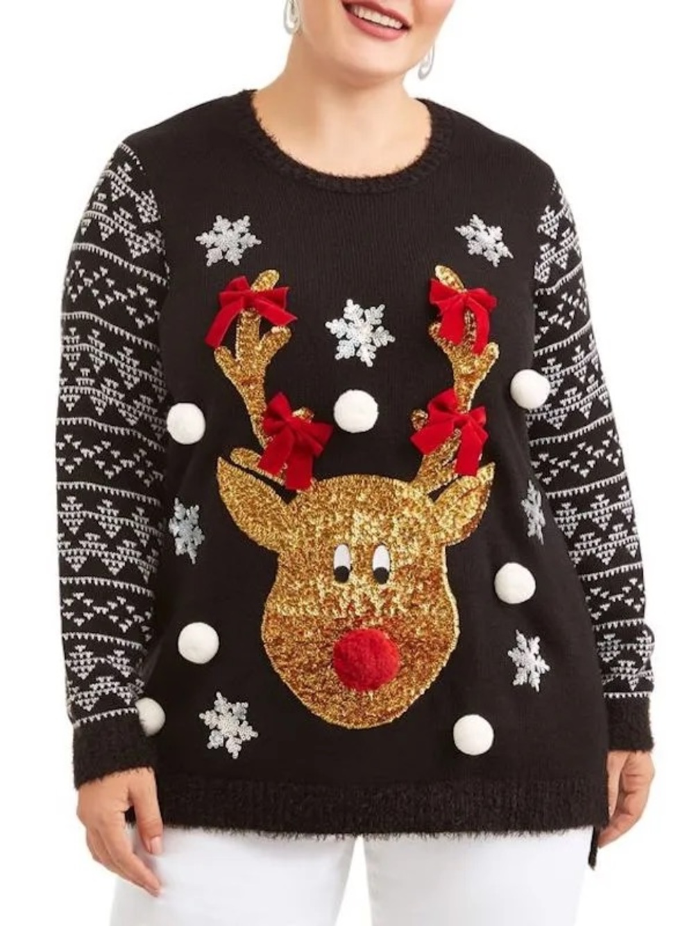 Holiday Time Reindeer Ugly Christmas Sweater Sequined Pom Pom Black 2X